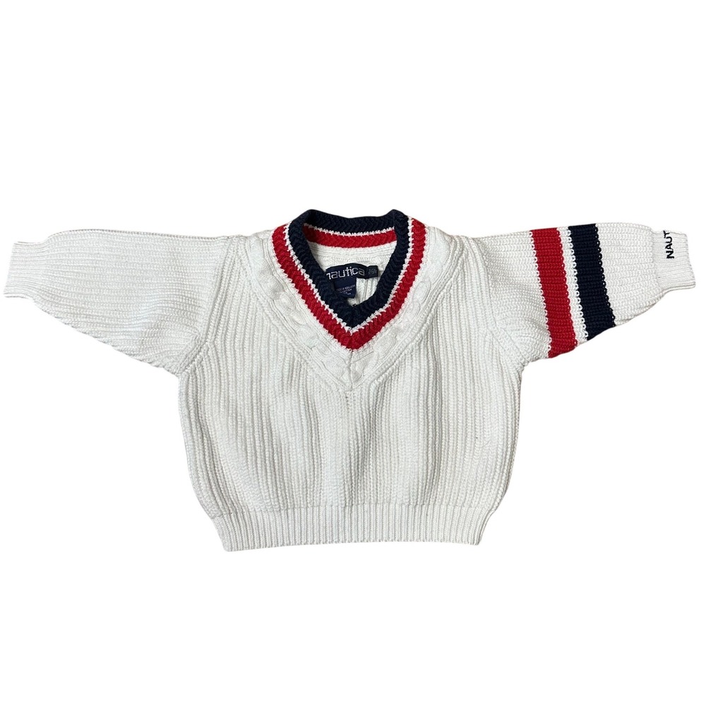 Nautica Baby Cable‎ Knit Sweater Pullover White Red Navy Logo Preppy 3-12 M